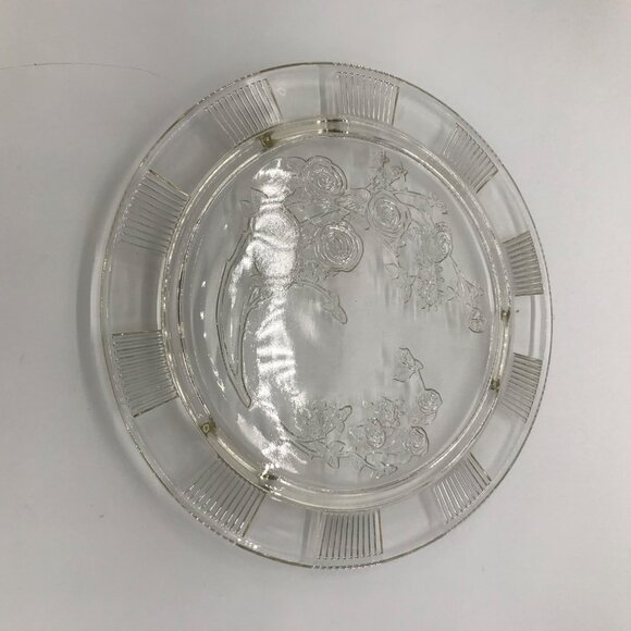 Federal Clear Glass Sharon Cabbage Open Rose Cake Plate, Floral Design & Ribbed - Picture 6 of 8